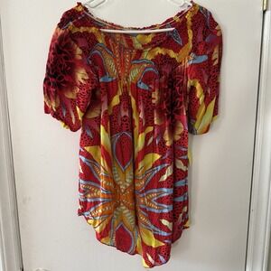 Hobo Chic Smocked‎ Off Shoulder Blouse 1x Asymmetrical High Low Hem Multicolor